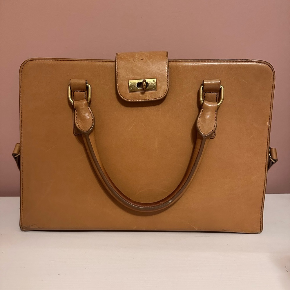 J Crew all leather laptop tote with gold turn lock